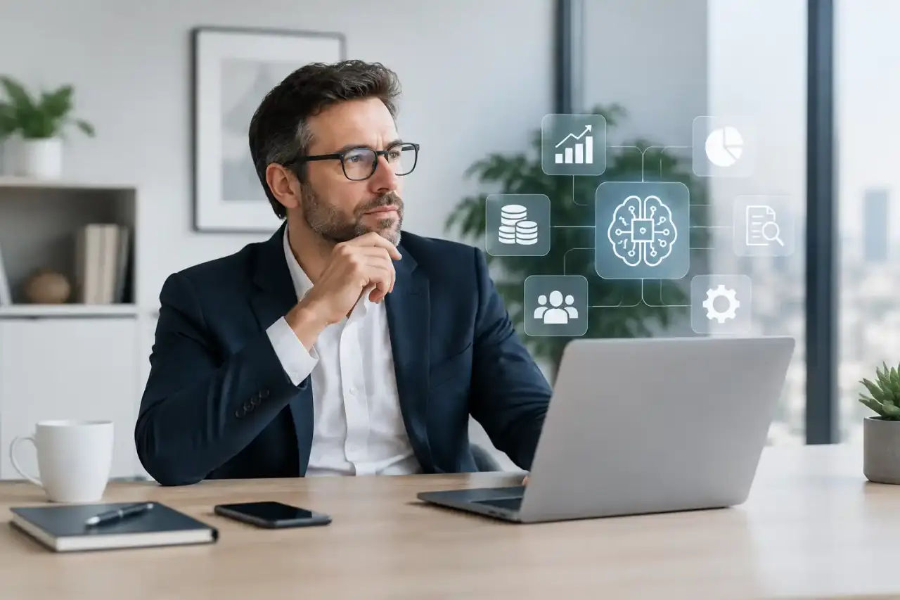 Dirigeant de PME analysant des indicateurs financiers sur un tableau de bord numérique
