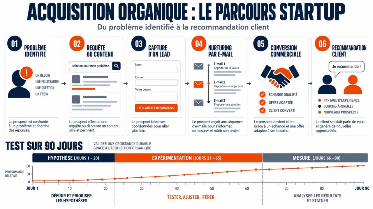 Infographie du parcours d'une stratégie acquisition organique startup, du contenu à la conversion