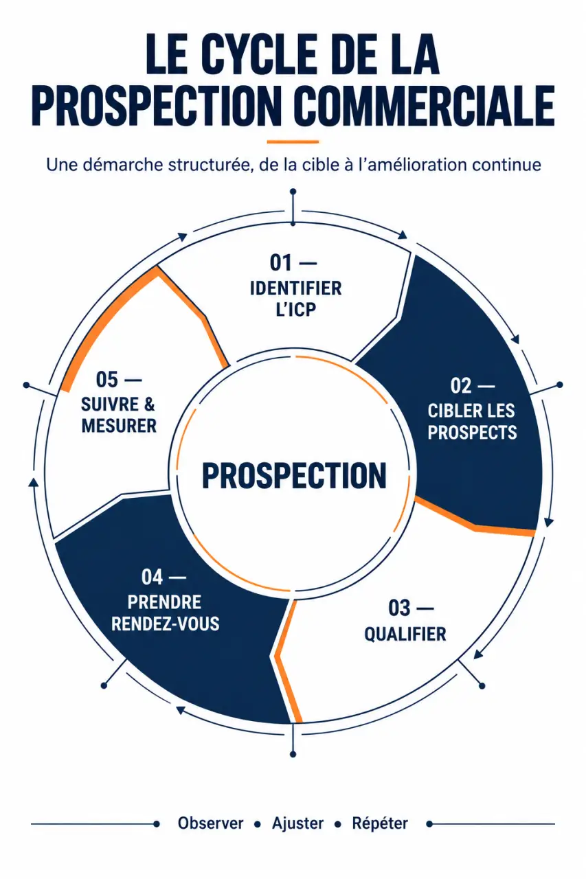 Infographie du cycle d'une formation prospection commerciale, de l'identification des prospects au suivi des performances