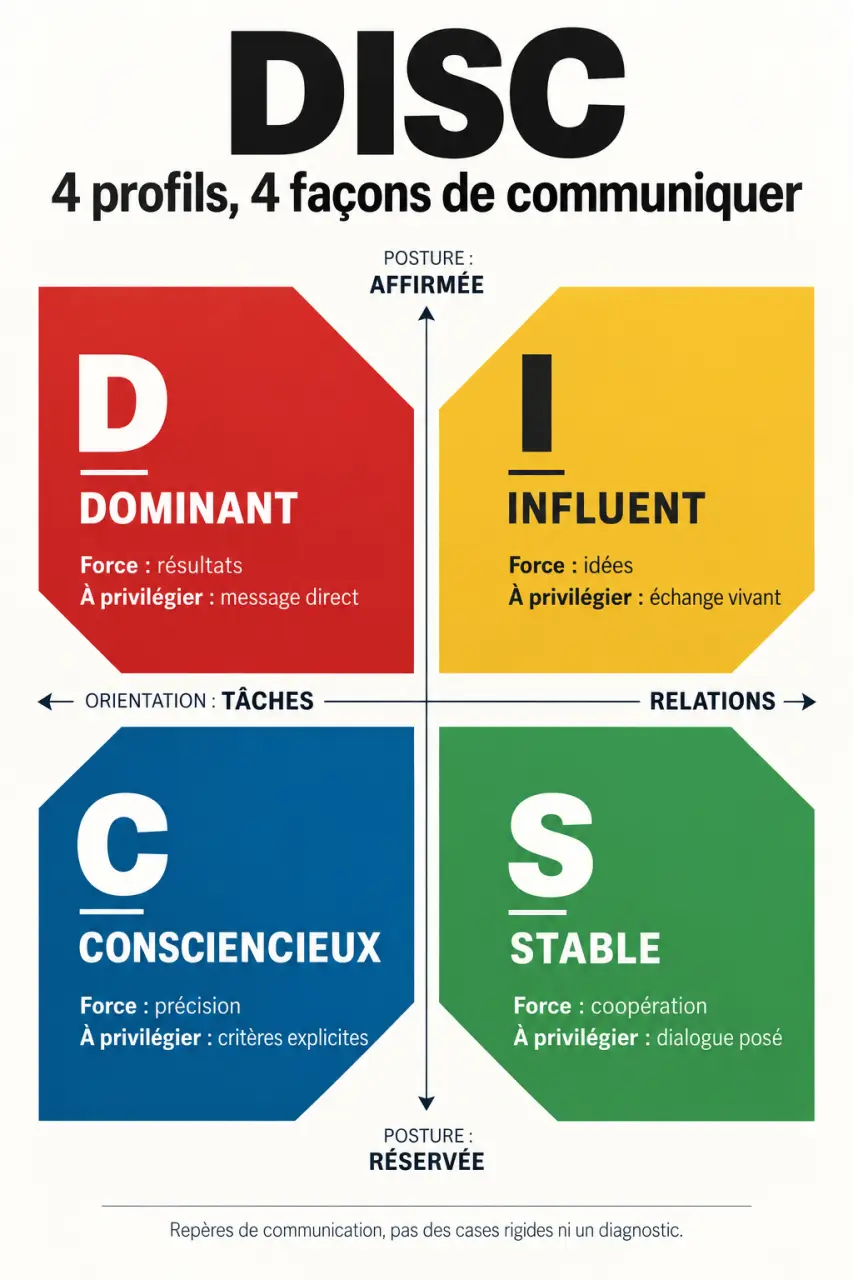 Test couleur personnalité management : infographie des quatre profils DISC rouge jaune vert bleu