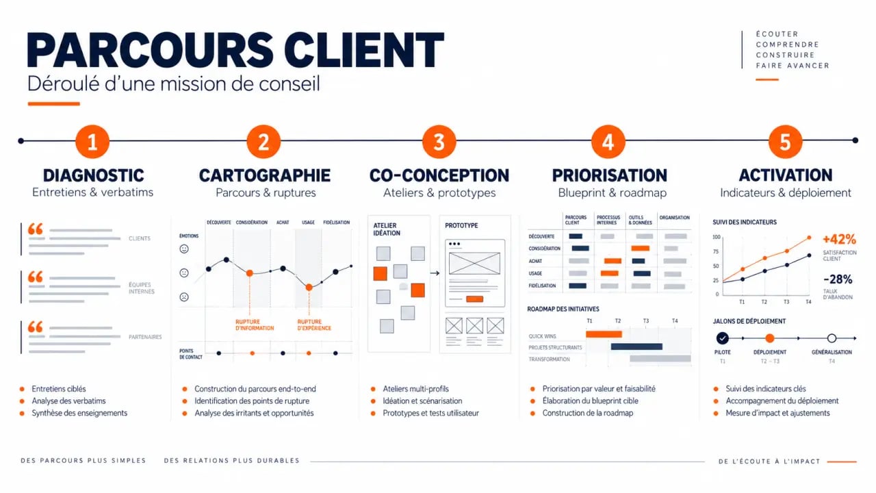 Déroulé d’une mission de cabinet conseil parcours client du diagnostic à l’activation